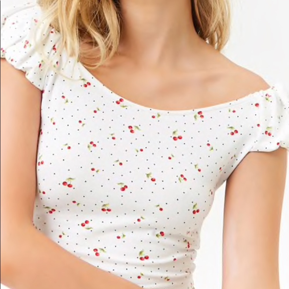 Cherry Print Off-The-Shoulder Bodysuit Top